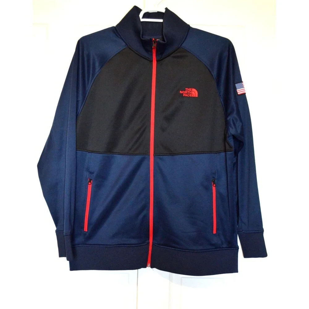 The North Face Full Zip Jacket Mens XL Black & Blue Polyester USA American Flag